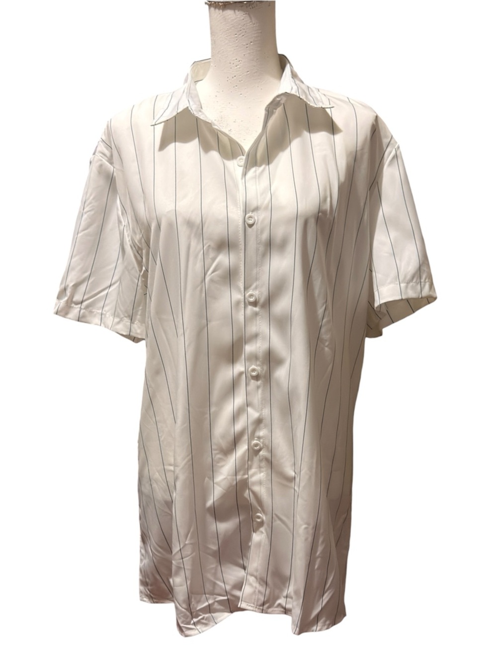 SHEIN white short-sleeve button-down shirt w/thin black pinstripes Men’s XL | f
